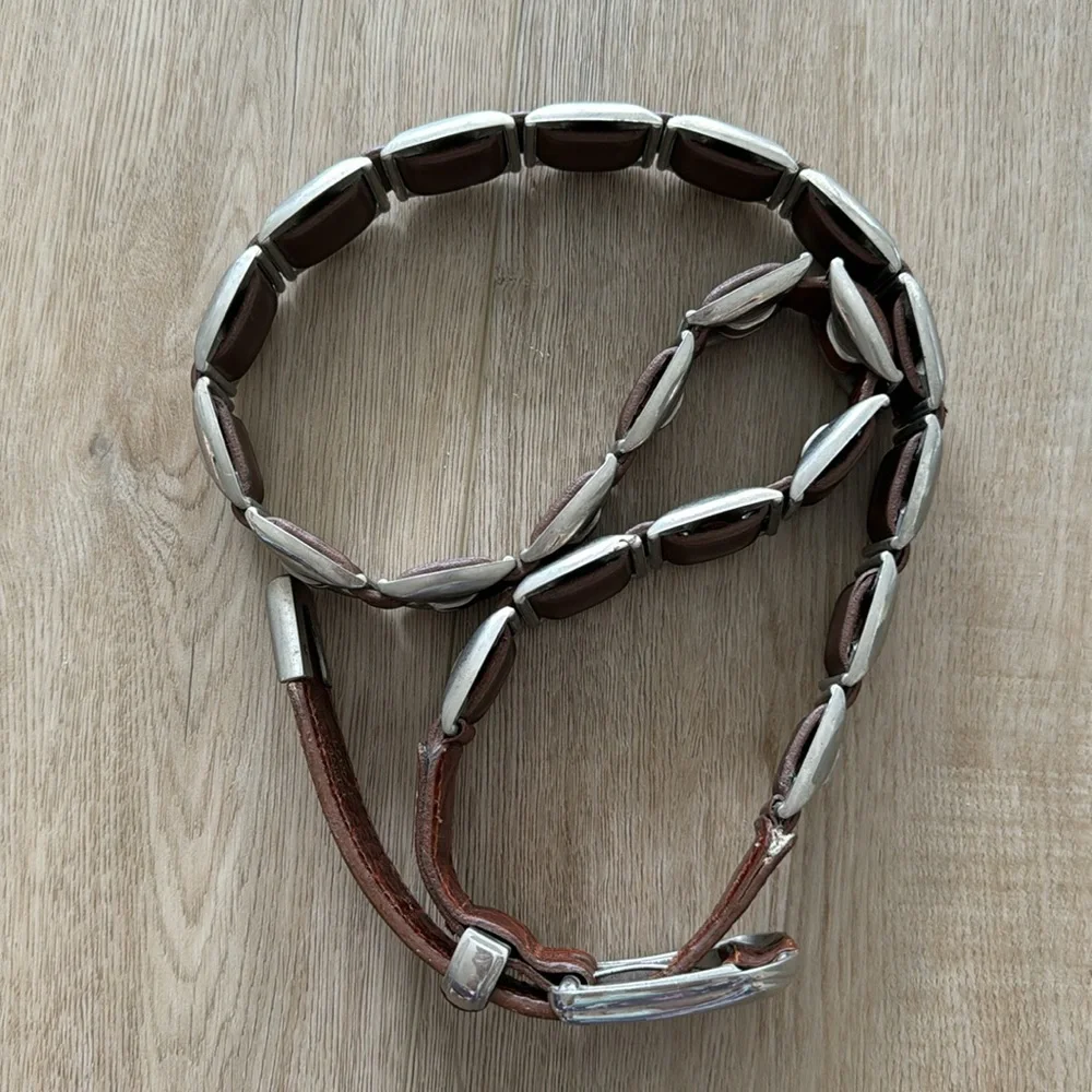 Vintage Leather Brown Unique Heavy Silvertone Embellished Woven Belt